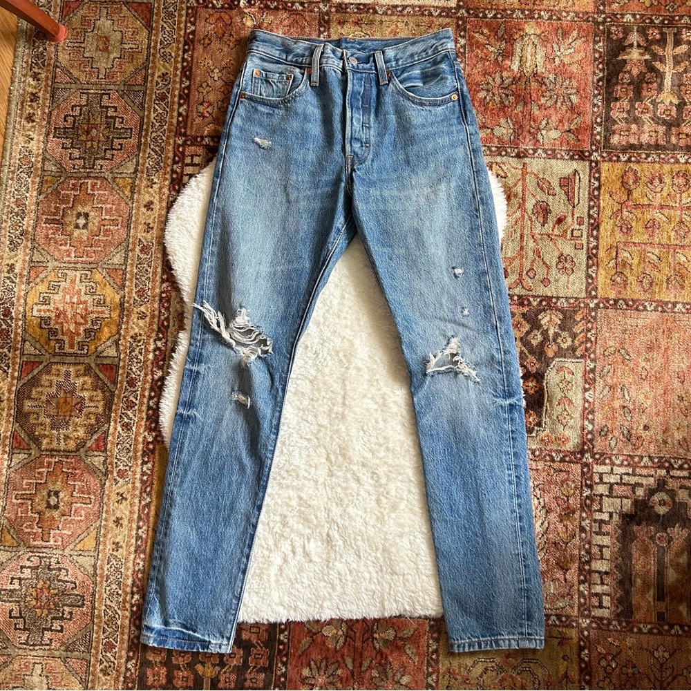 Levi’s 501 High Rise Distressed Mid Blue Wash Skinny Jeans with Button Fly